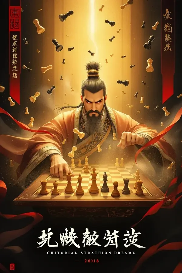 权谋剧集墨青棋局海报，烛光下的围棋棋盘与墨青色调的宫廷剪影